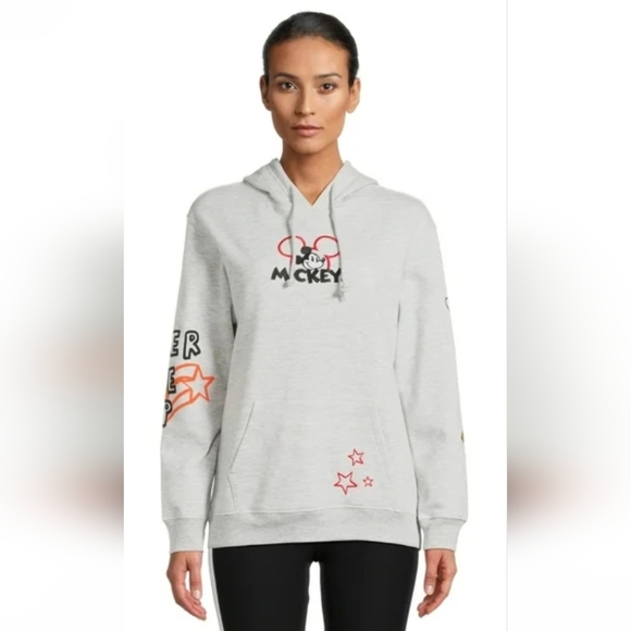 Mickey Mouse Womens Grey Sketch Hooded Sweatshirt Drawstring Embroidered Patches - Picture 14 of 15